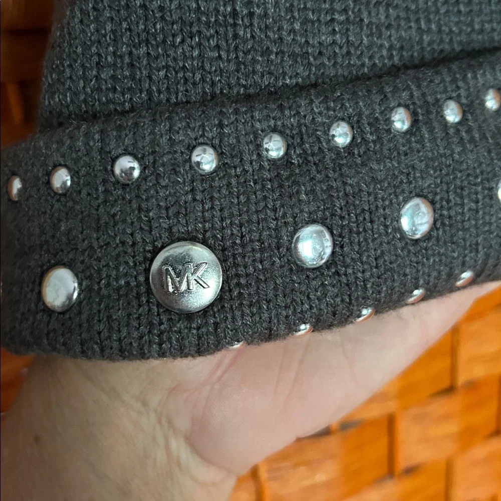 Michael Kors Grey Knit Beanie with Silver Metal Accents